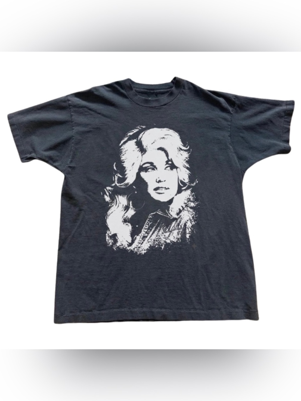 Black Graphic Tee with White Portrait Print - Women Tops